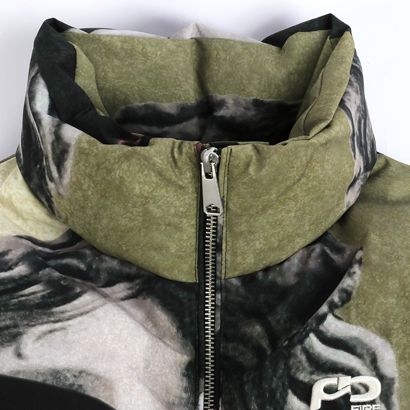 statue print puffer jacket collar detail