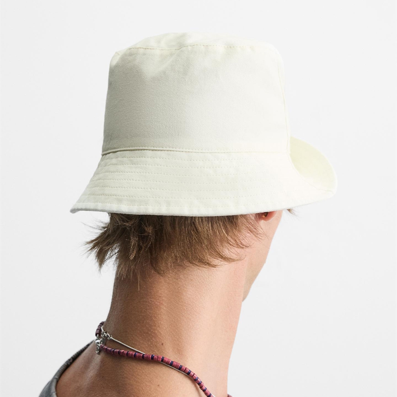 minimalist neutral-tone bucket hat back view
