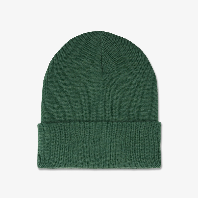 dark green knit cuffed beanie front view private label knit beanie production