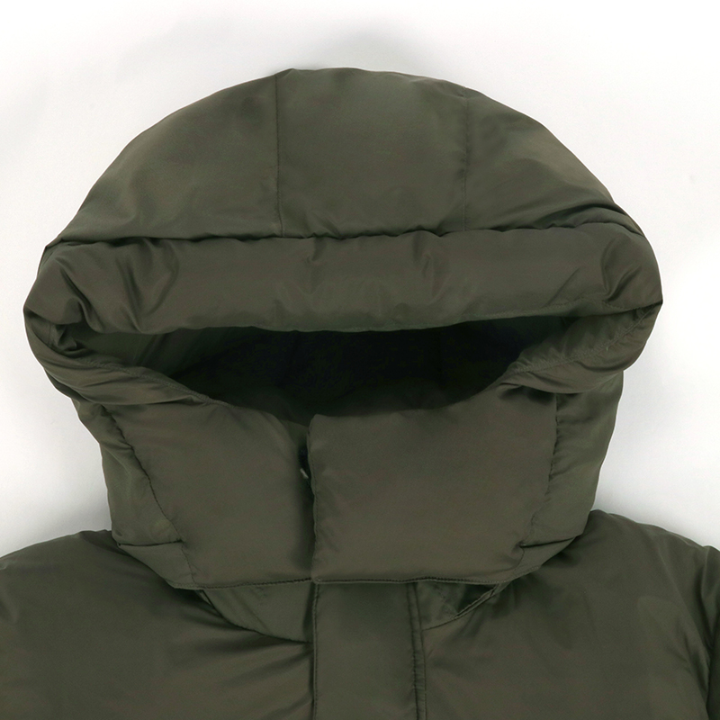 olive green long puffer coat hood detail