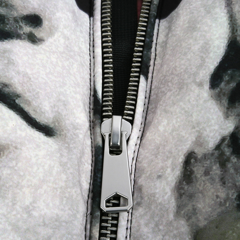 custom art print puffer jacket zipper detail