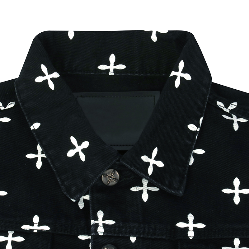 cropped denim jacket black denim fabric collar close up