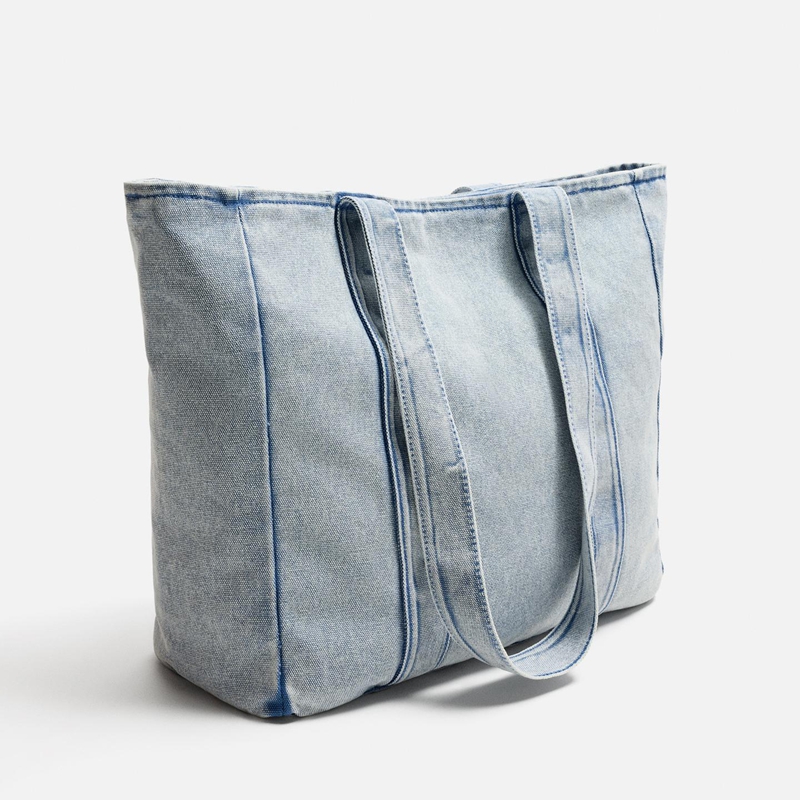 oversized denim tote 45° angled view