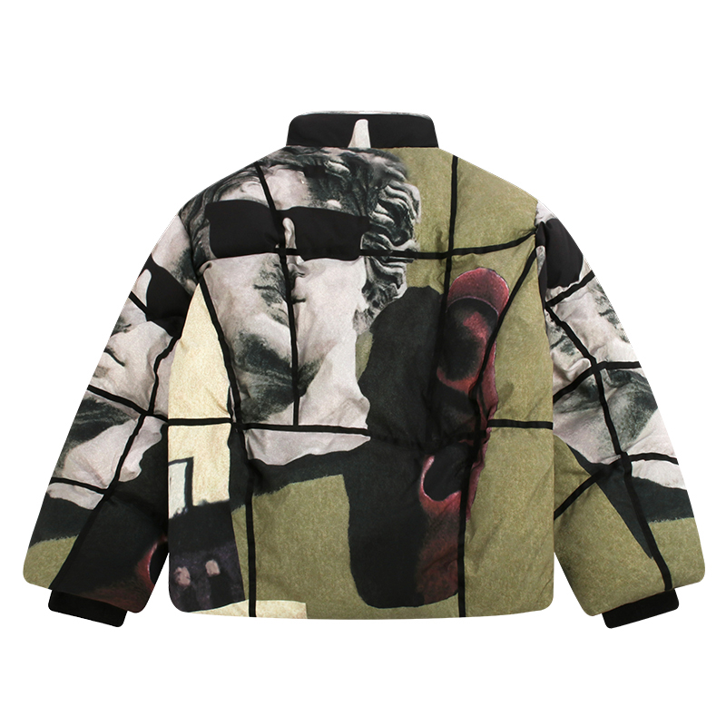 statue print puffer jacket back view