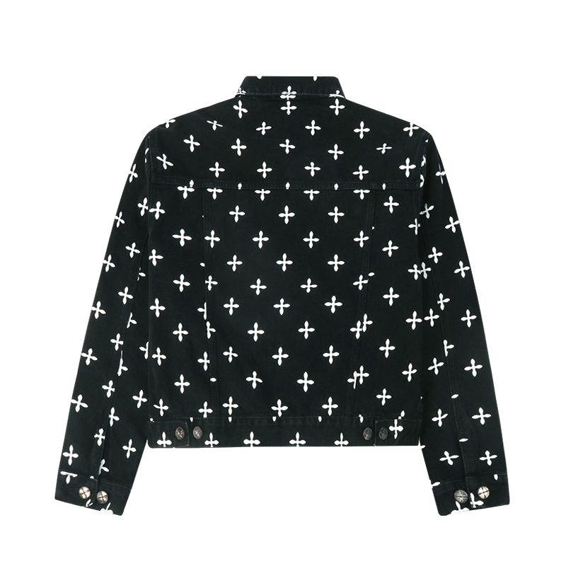 cropped denim jacket back view with white cross print back details