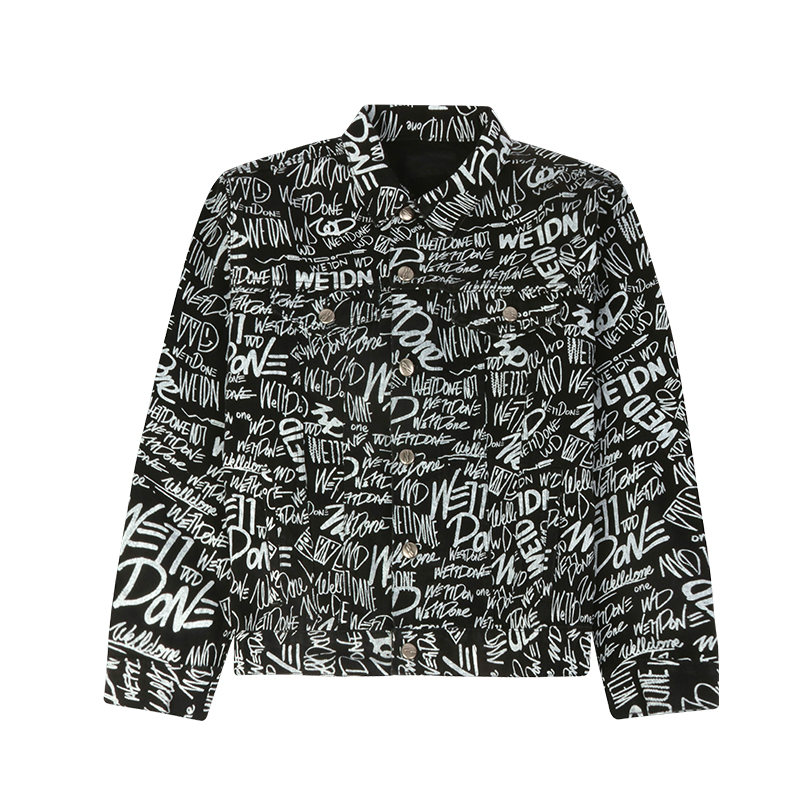 graffiti print denim jacket front view