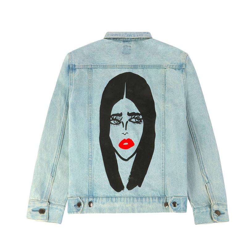 washed denim jacket back view with large portrait print