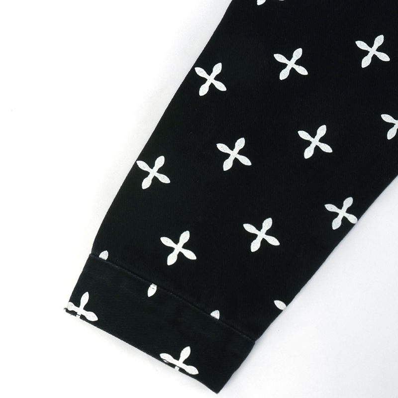 custom cross print denim jacket sleeve detail
