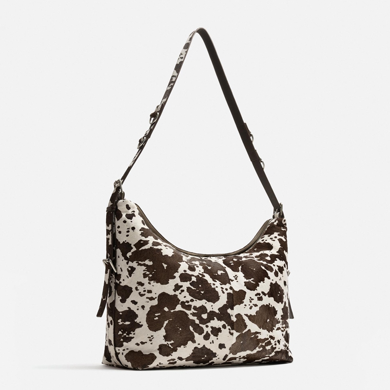 cow print shoulder bag front view