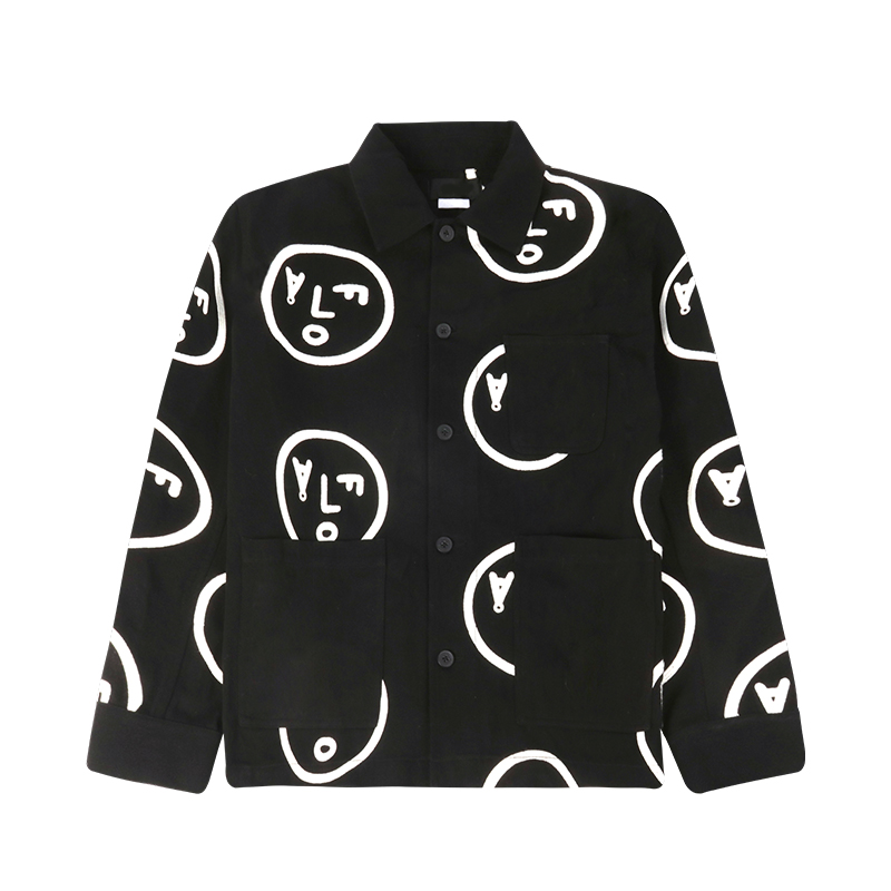 print denim jacket black front view
