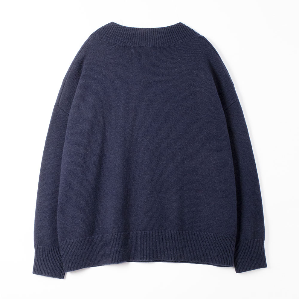 navy blue oversized v-neck knit sweater back view