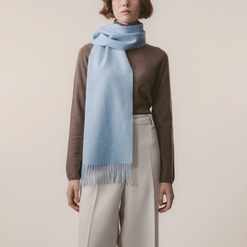 light blue fringed wool-blend scarf front view