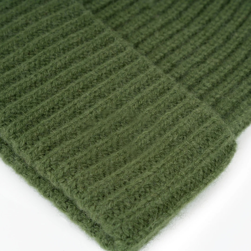 olive green ribbed knit cuffed beanie fabric detail