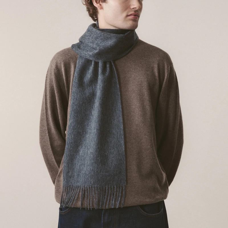 gray fringed wool-blend scarf lifestyle detail