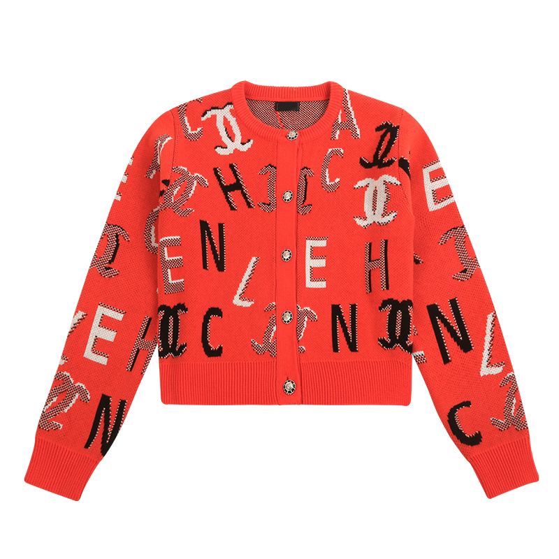 red logo intarsia knit cardigan