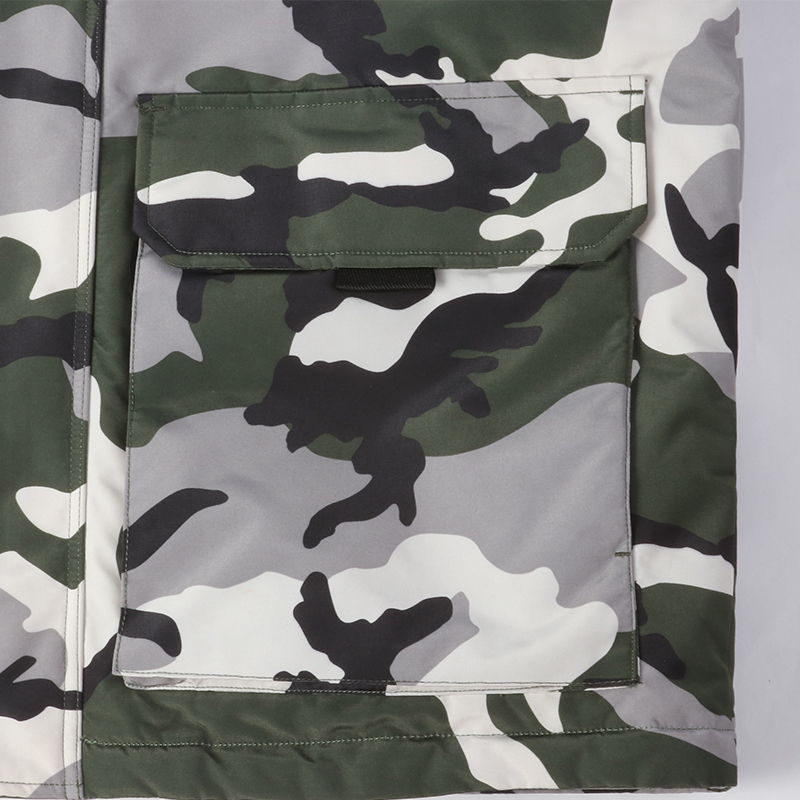 custom camouflage puffer jacket pocket detail