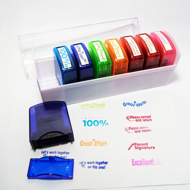 Fancy colorful customer's design rubber stamp 8 in 1 office teacher stamp set