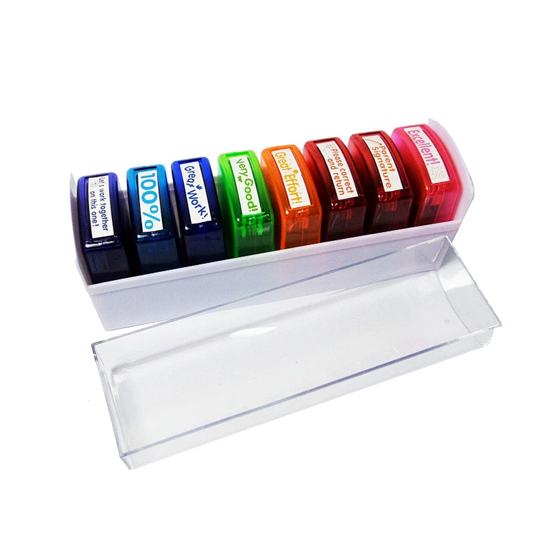 Fancy colorful customer's design rubber stamp 8 in 1 office teacher stamp set