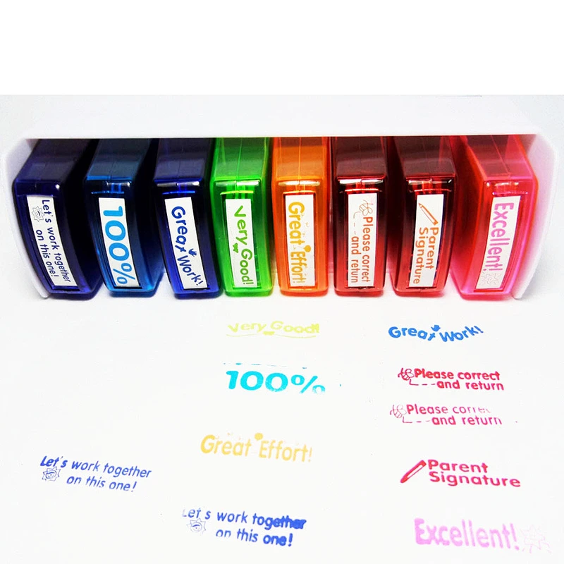 Fancy colorful customer's design rubber stamp 8 in 1 office teacher stamp set