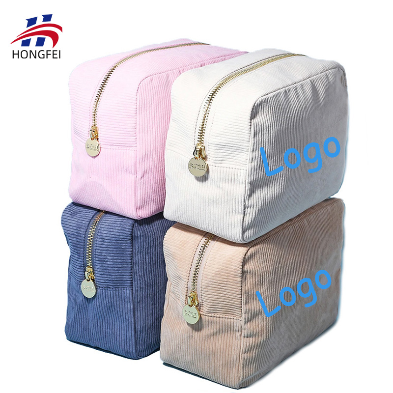 Wholesale Eco Recycled Corduroy Cosmetic Pouch Bag Custom Design Logo Large Capacity Durable Portable Toiletry Makeup Bags