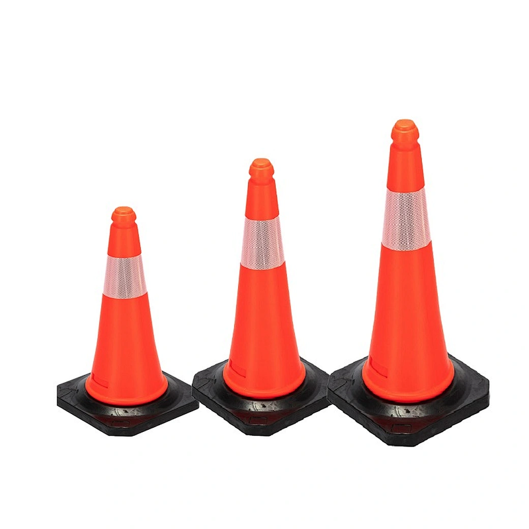 Traffic cones in three heights, each with a reflective band