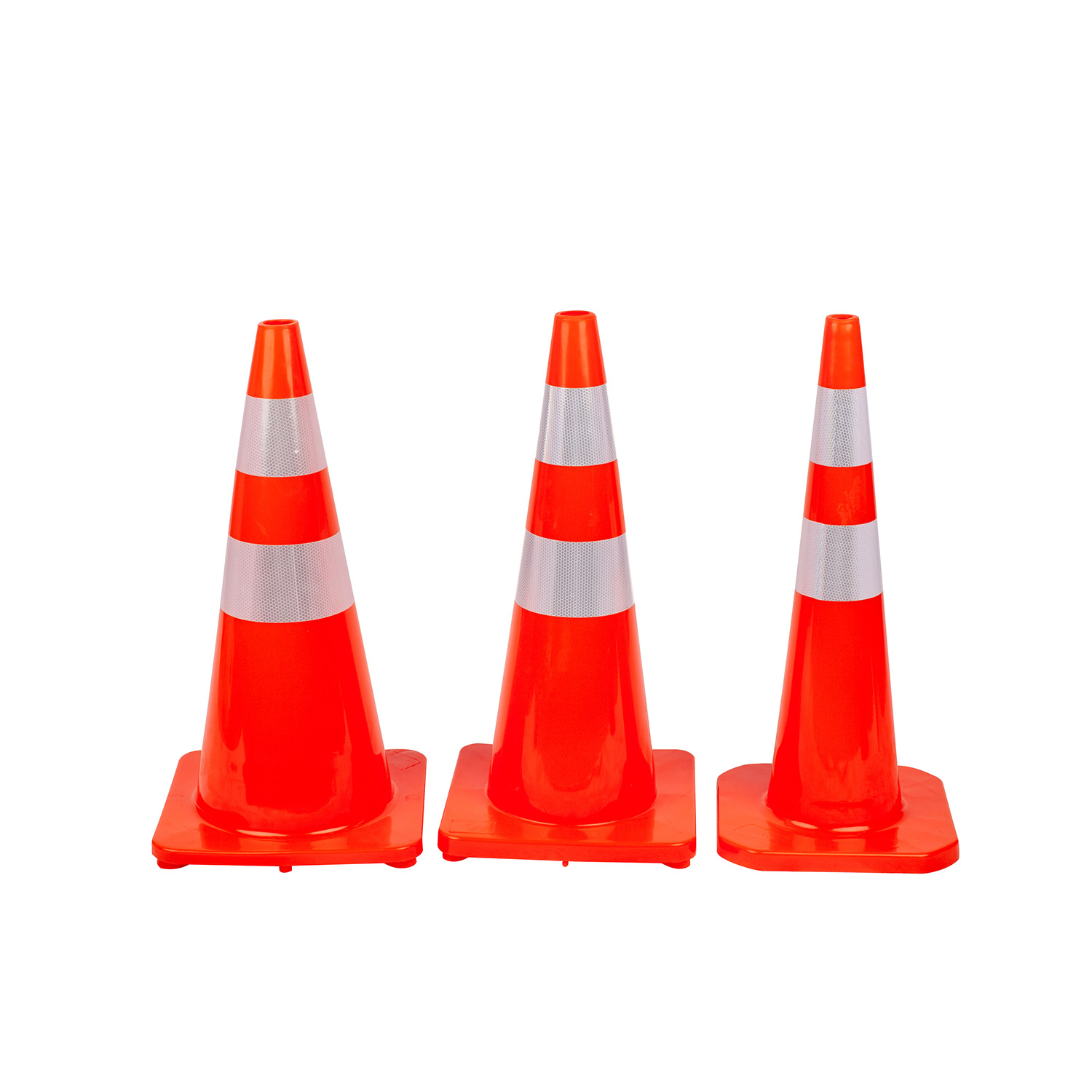 Three traffic cones with two reflective bands each