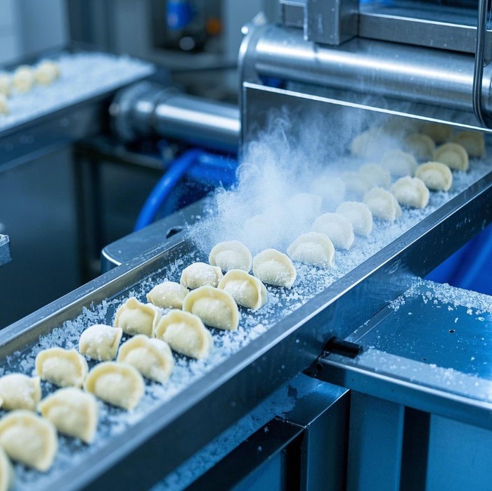Línea de producción de dumplings congelados en acción