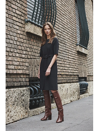 Commuter professional round neck five-part sleeve tie belt dress