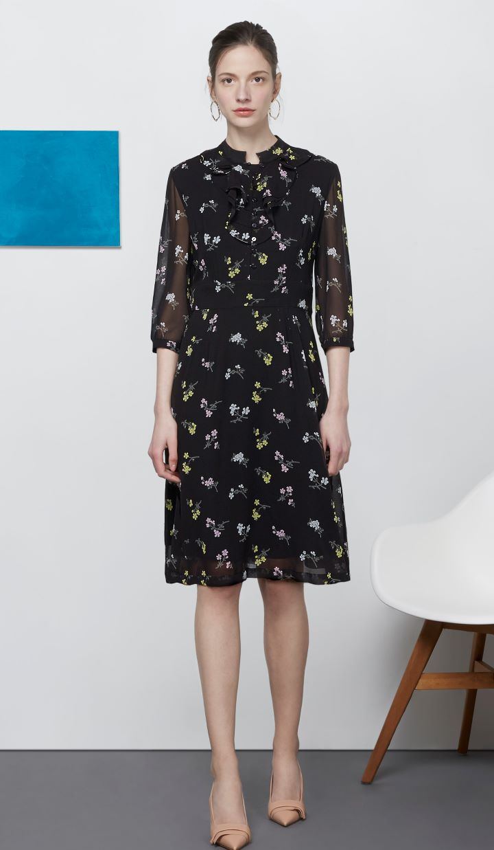 Ladies long sleeve silk printed chiffon dress