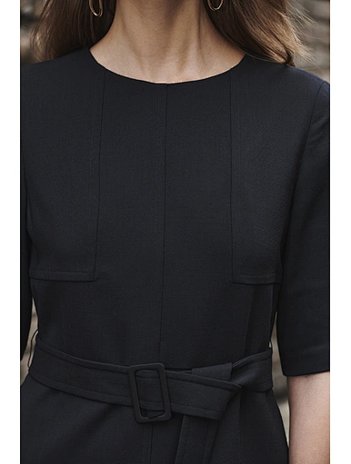 Commuter professional round neck sleeve tie belt dress