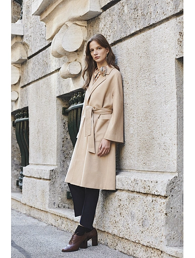 Mid-length beige waist-skimming wool coat