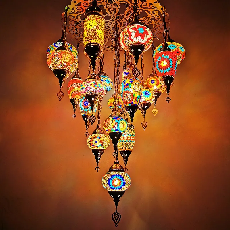 Custom Hotel Iron Lighting Hotel Villa Decorated Moroccan Paid Glass Chandeliers&pendant lights