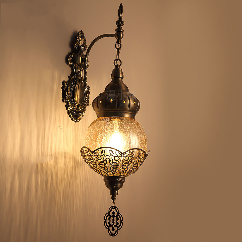 15W E27 Creative Handmade Ice Cracked Glass Lampshade Hotel Restaurant Wall Light Iron Moroccan Style Hollow Wall Light