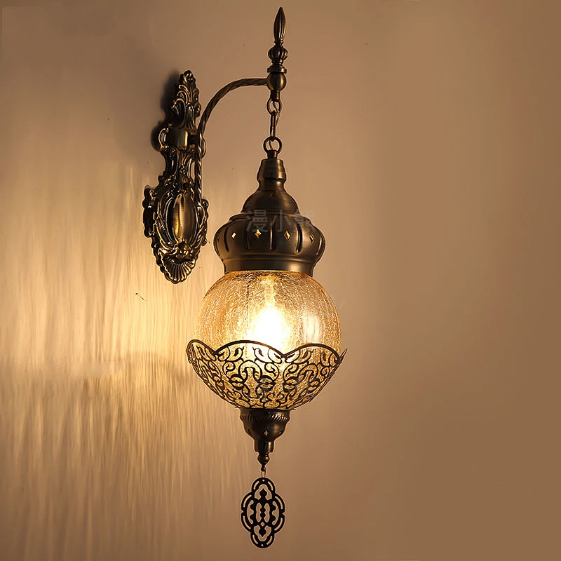 15W E27 Creative Handmade Ice Cracked Glass Lampshade Hotel Restaurant Wall Light Iron Moroccan Style Hollow Wall Light