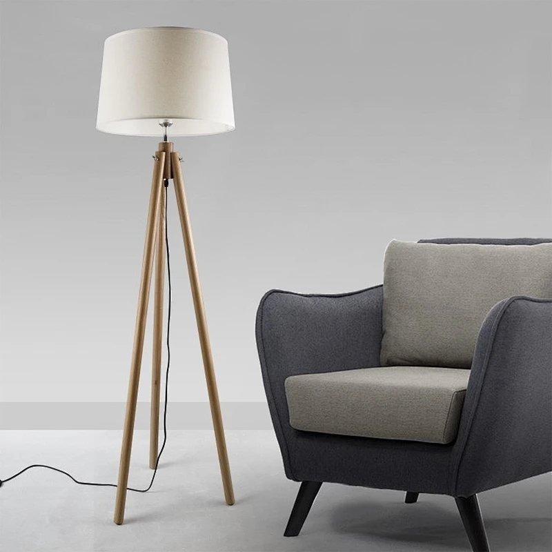 Modern Simple White shade Tripod Standing Wood Floor Lamp for Living Room