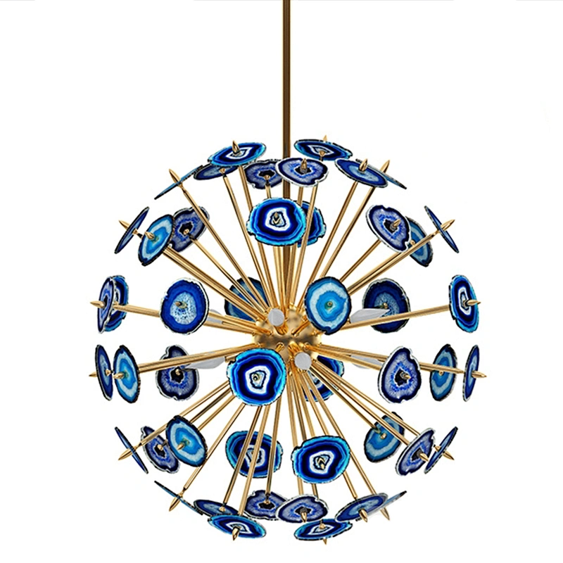 Modern Design Stainless Steel Natural Jades Luxury Sputnik Agate Chandelier Pendant Lamps