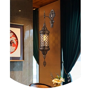 Single Head Glass Lampshade Restaurant Wall Light, Handmade Iron Hotel Atmosphere Hollow Wall Light E27 15W