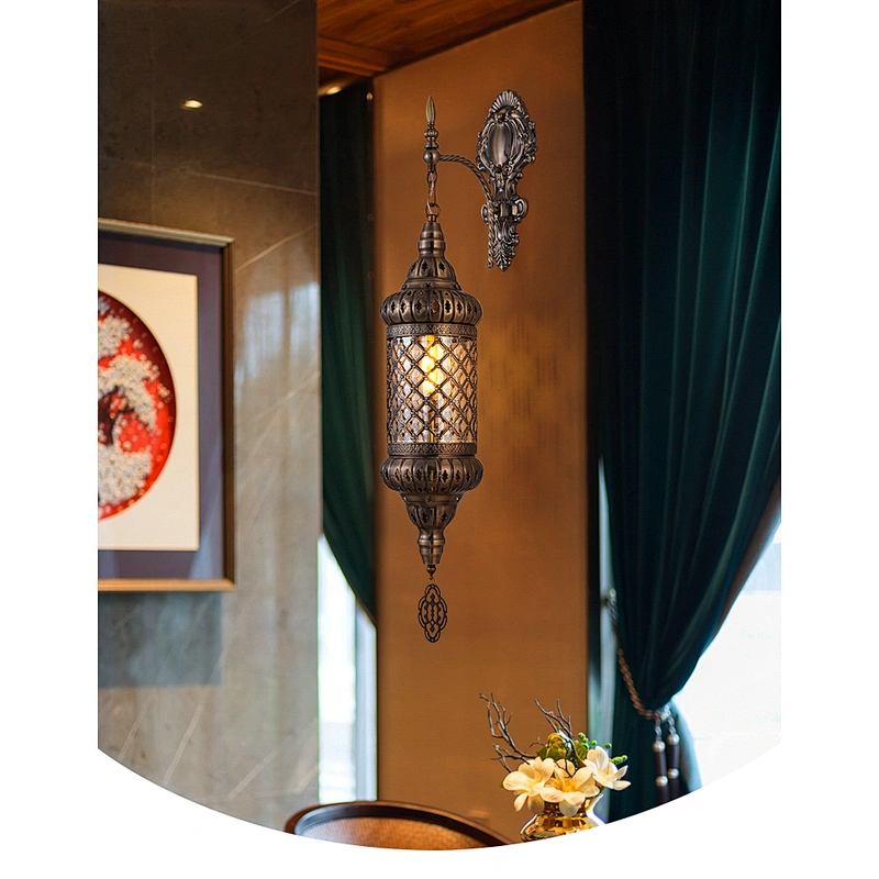 Single Head Glass Lampshade Restaurant Wall Light, Handmade Iron Hotel Atmosphere Hollow Wall Light E27 15W