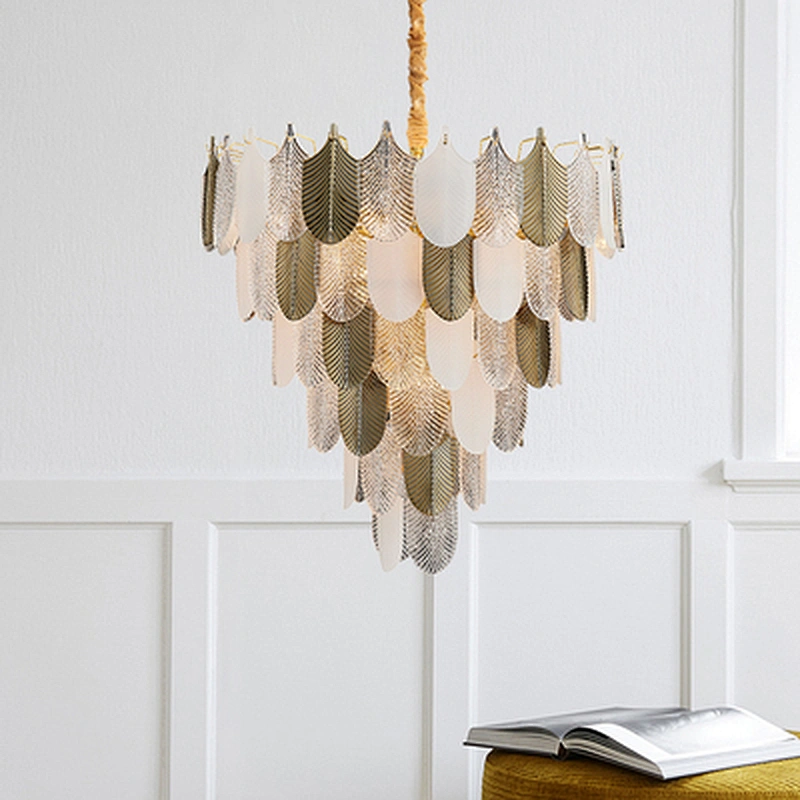 Modern living room leaf glass chandelier  villa dining room duplex building personality stair multilayer lamps and lanterns