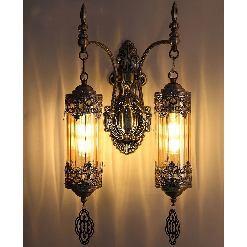 15W E27 single-headed ice-cracked glass lampshade, iron wall lamp, double-headed handmade hotel ambience wall lamp