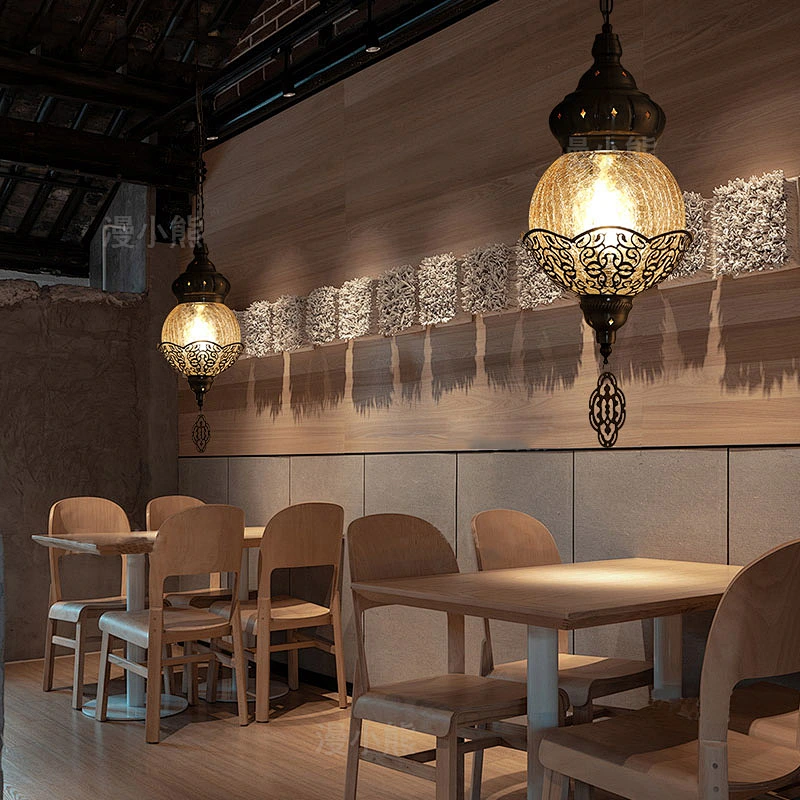 15W E27 creative handmade ice cracked glass lampshade hotel restaurant chandelier iron Moroccan style hollow chandelier