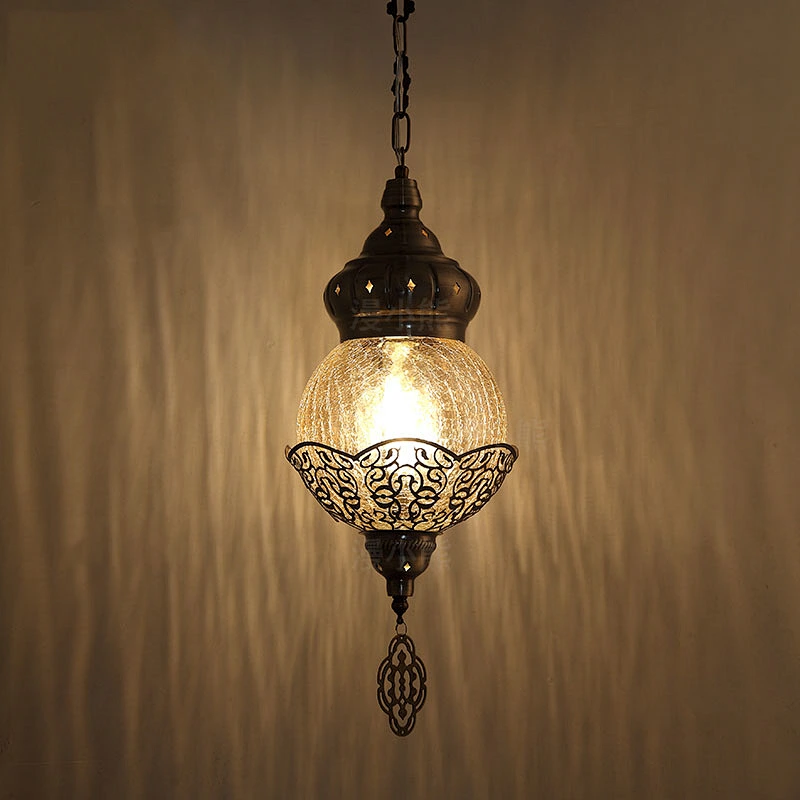 15W E27 creative handmade ice cracked glass lampshade hotel restaurant chandelier iron Moroccan style hollow chandelier