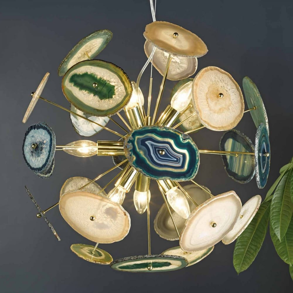 Modern Design Stainless Steel Natural Jades Luxury Sputnik Agate Chandelier Pendant Lamps