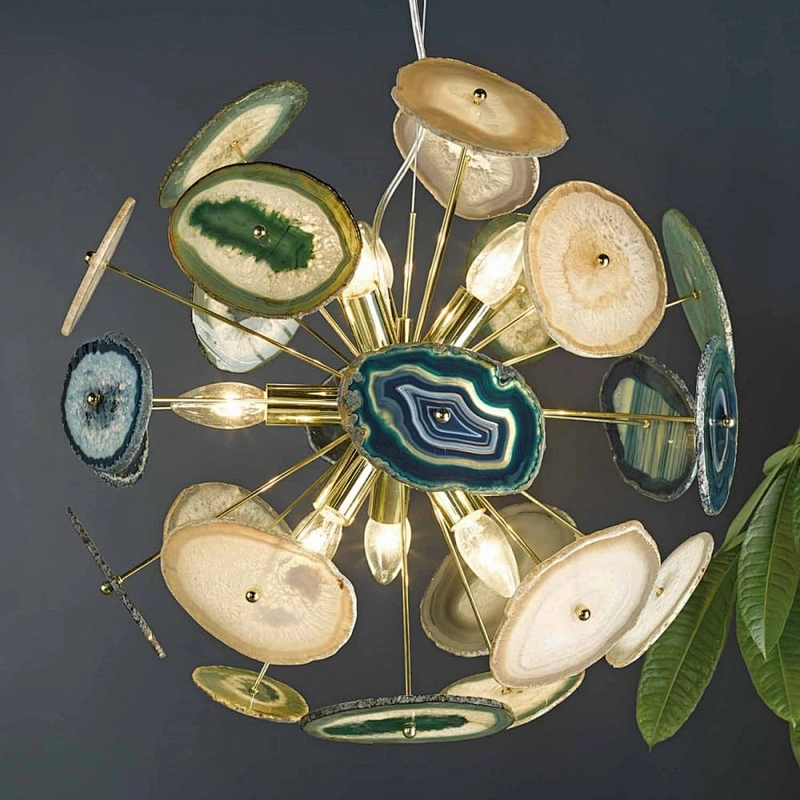 Modern Design Stainless Steel Natural Jades Luxury Sputnik Agate Chandelier Pendant Lamps