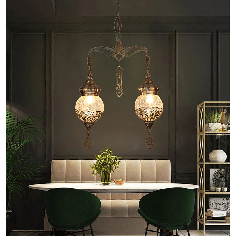 E27 15W Coffee Lamp Handmade Ice Cracked Glass System Hollow Chandelier Morocco&Turkish Double Headed Chandelier