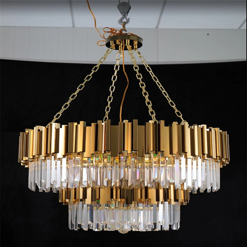 Luxury Golden Metal Clear Crystal Chandeliers Modern Customizable Hotel Large Hanging Crystal Stainless Steel  Chandelier