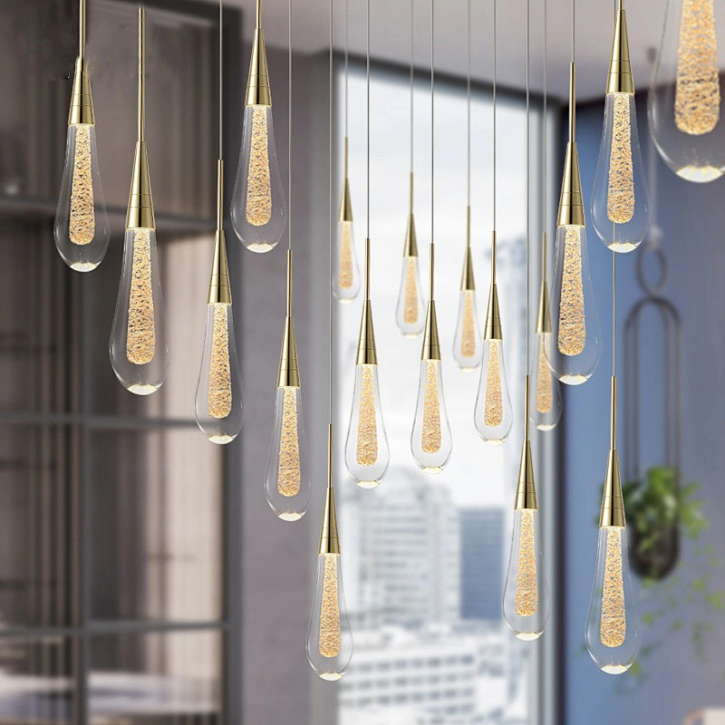Nordic luxury crystal hotel bedroom bed chandelier contracted restaurant bar front desk water drop stair long chandelier
