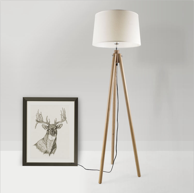 Modern Simple White shade Tripod Standing Wood Floor Lamp for Living Room