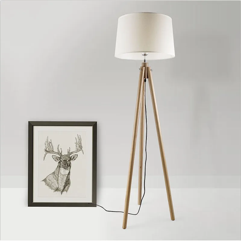 Modern Simple White shade Tripod Standing Wood Floor Lamp for Living Room