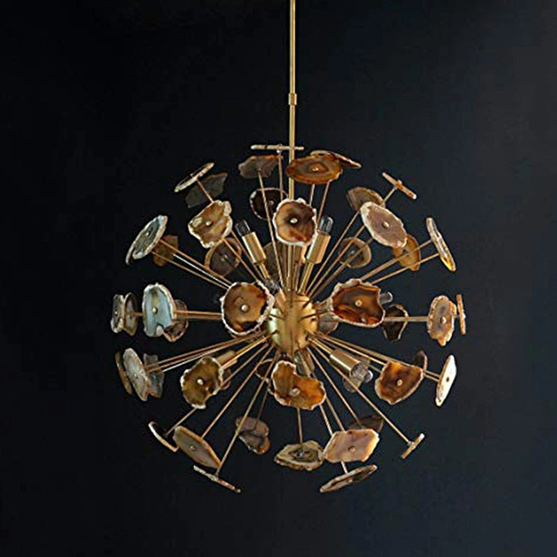 Modern Design Stainless Steel Natural Jades Luxury Sputnik Agate Chandelier Pendant Lamps